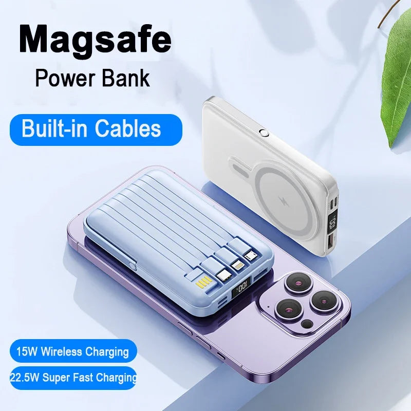 Magnetic Wireless Power Bank 20,000mAh with Built-in Cables and Stand