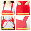 Red waterproof apron featuring a hanging neck strap, two pockets, lace-up back design, and reinforced fabric.