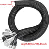 Black braided cable sleeve with connectors and a 500cm length for desk organization