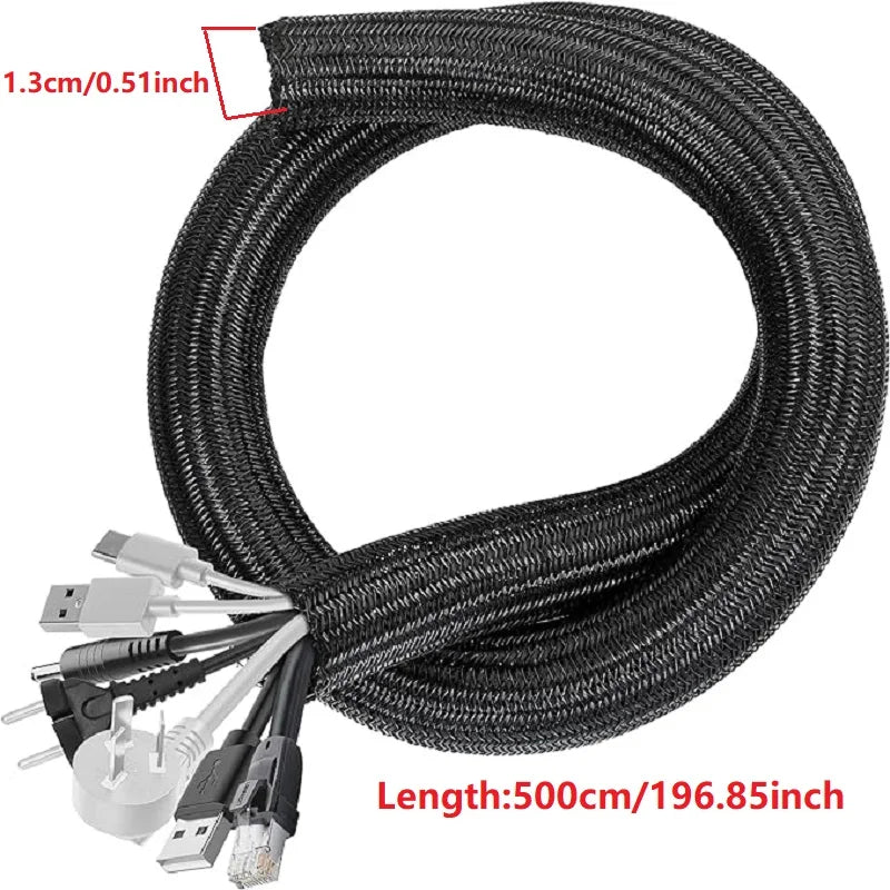 Black braided cable sleeve with connectors and a 500cm length for desk organization