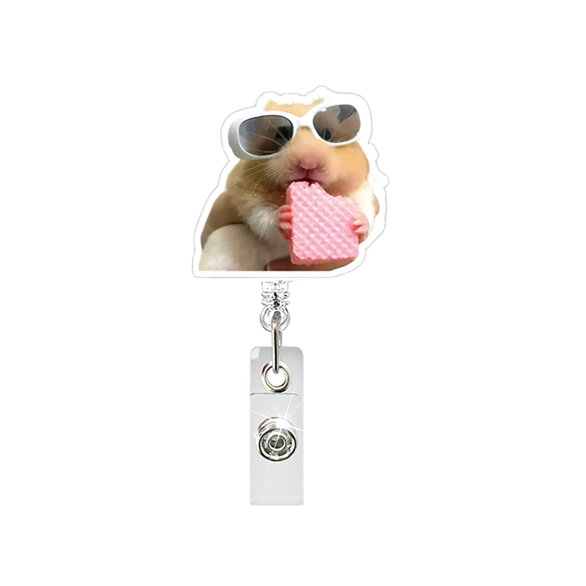 A cute hamster wearing sunglasses holding a pink textured object attached to a silver badge reel.