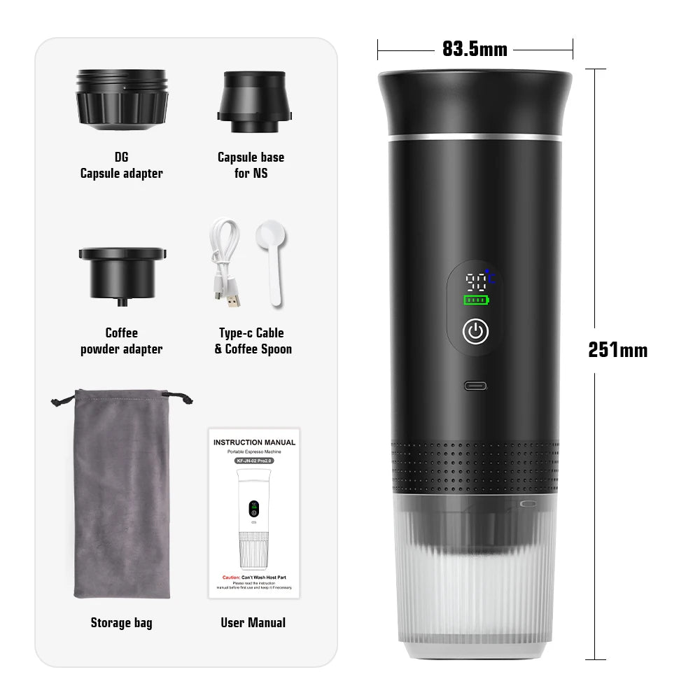 A black portable electric espresso coffee maker with a clear glass carafe and various accessories shown on the side.
