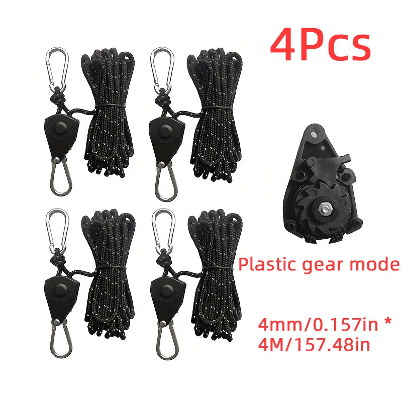 Four sets of plastic gear ropes with carabiner clips and a gear mechanism for tightening.