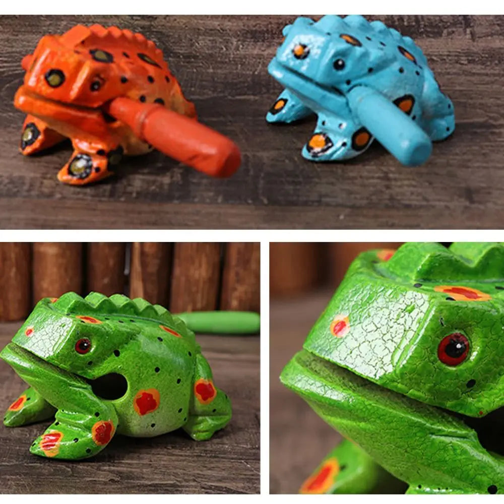 Handcrafted wooden frog guiro rasp percussion instrument in orange and blue colors