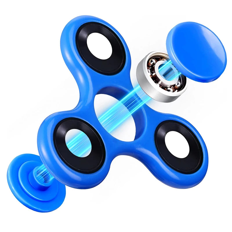 A blue fidget spinner with a silver top and black accents, shown in a close-up view.