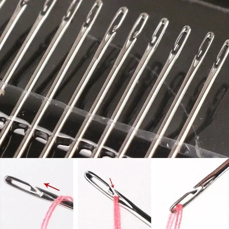 Close-up view of 12 self-threading sewing needles with red threads, showing the tips and storage case.