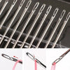 A close-up view of 12 self-threading sewing needles with red threads, showing the tips and storage case.