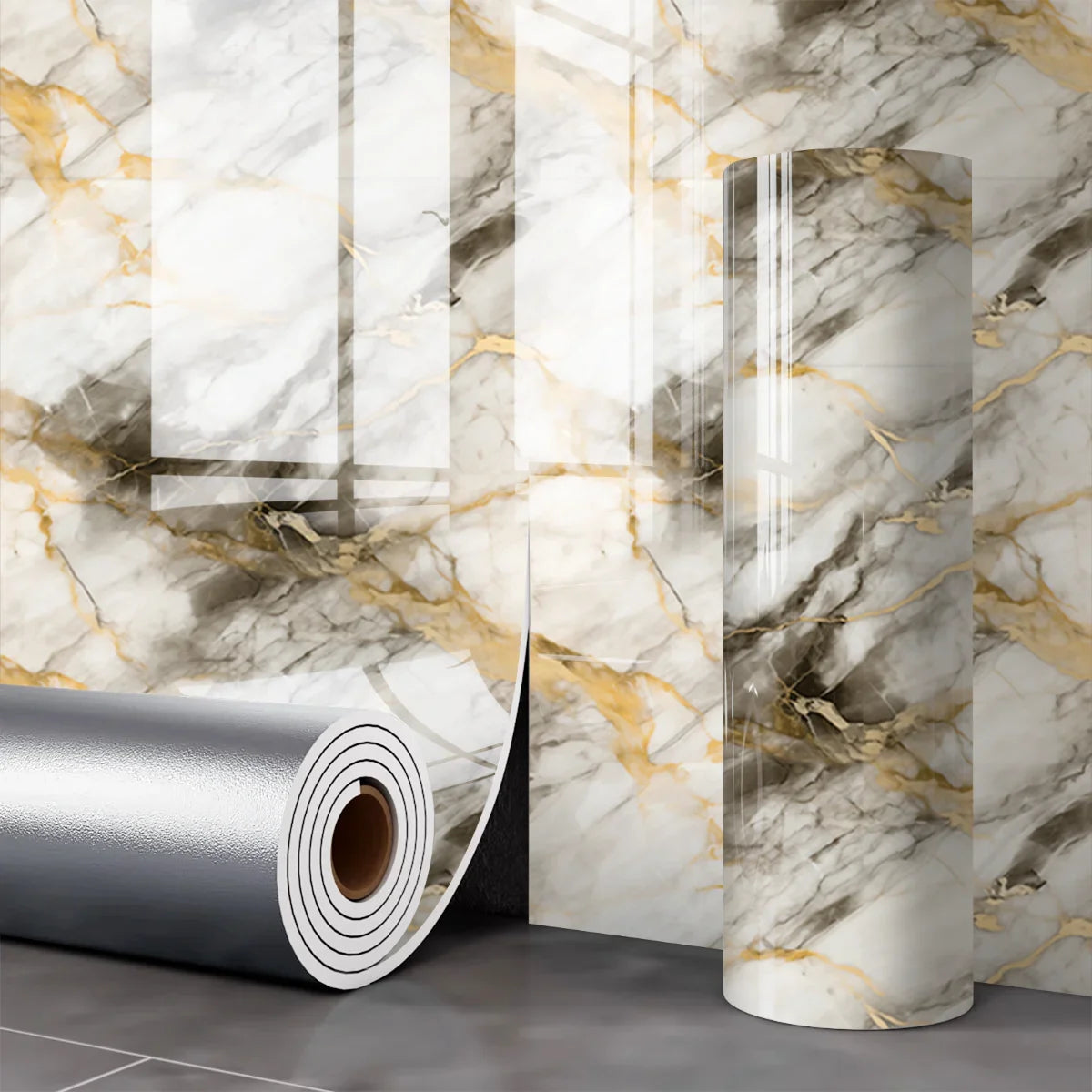 Roll of 3D marble peel-and-stick waterproof wall panels displayed next to a finished marble column.