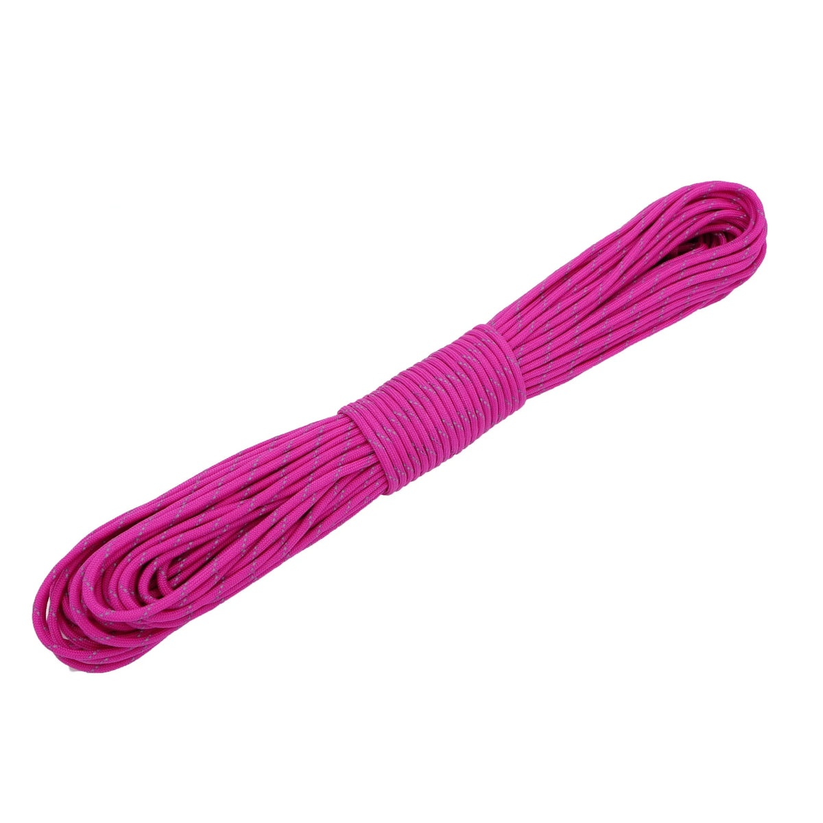 A bright magenta reflective paracord rope coiled and laid out diagonally.