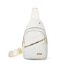 A white quilted crossbody sling bag with a gold zipper and light beige strap.