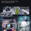 A dual lens dash cam is shown with front and interior camera views, demonstrating clear low light images.