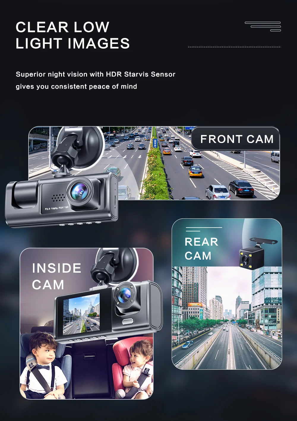 A dual lens dash cam is shown with front and interior camera views, demonstrating clear low light images.