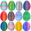 A collection of colorful, textured dragon egg figurines in various iridescent and solid colors.