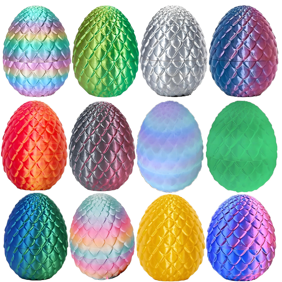 A collection of colorful, textured dragon egg figurines in various iridescent and solid colors.