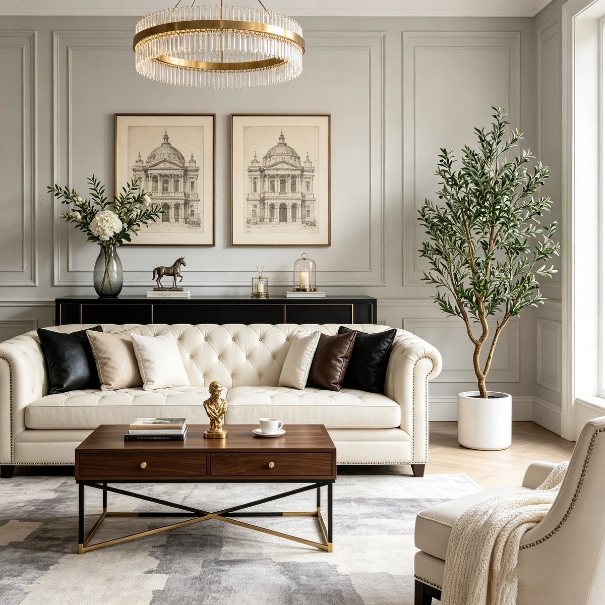 A living room scene featuring a light sofa, decorative paintings, and an artificial indoor olive tree.