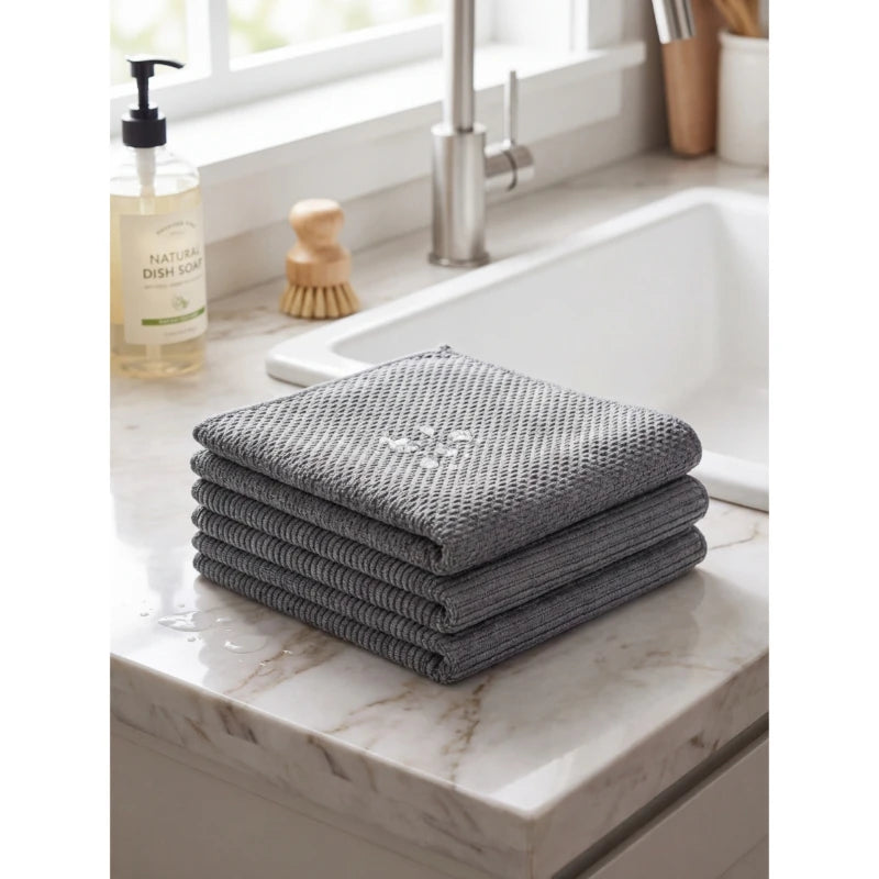 A stack of six gray waffle weave microfiber kitchen towels resting on a marble countertop near a white sink.