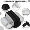 Black fabric pencil case with an elastic pen slot, mesh inner pocket, and carrying pouch.