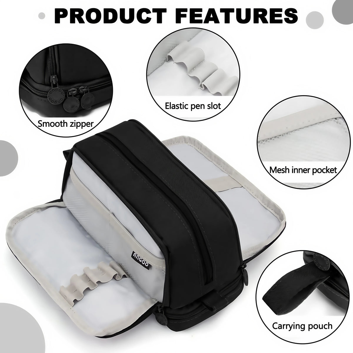 Black fabric pencil case with an elastic pen slot, mesh inner pocket, and carrying pouch.