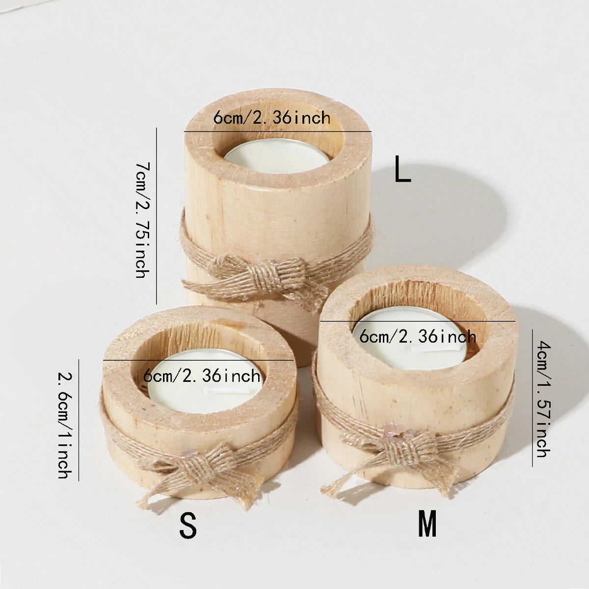 Three rustic wooden tea light holders of different sizes labeled L, S, and M with dimensions provided.