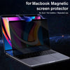 A magnetic privacy screen protector for a MacBook is shown on a laptop, emphasizing its use for protection.