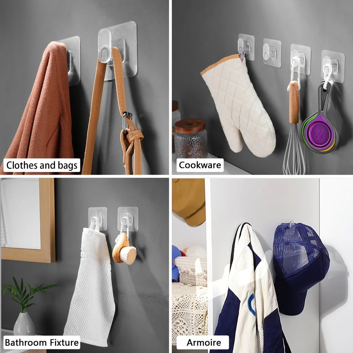 Various extra-large strong adhesive hooks used for hanging clothes, cookware, and bathroom items.