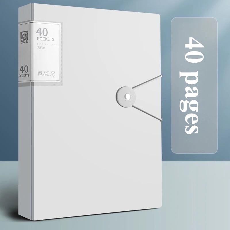 A white A4 expanding file organizer with clear pocket dividers and a transparent page counter visible.