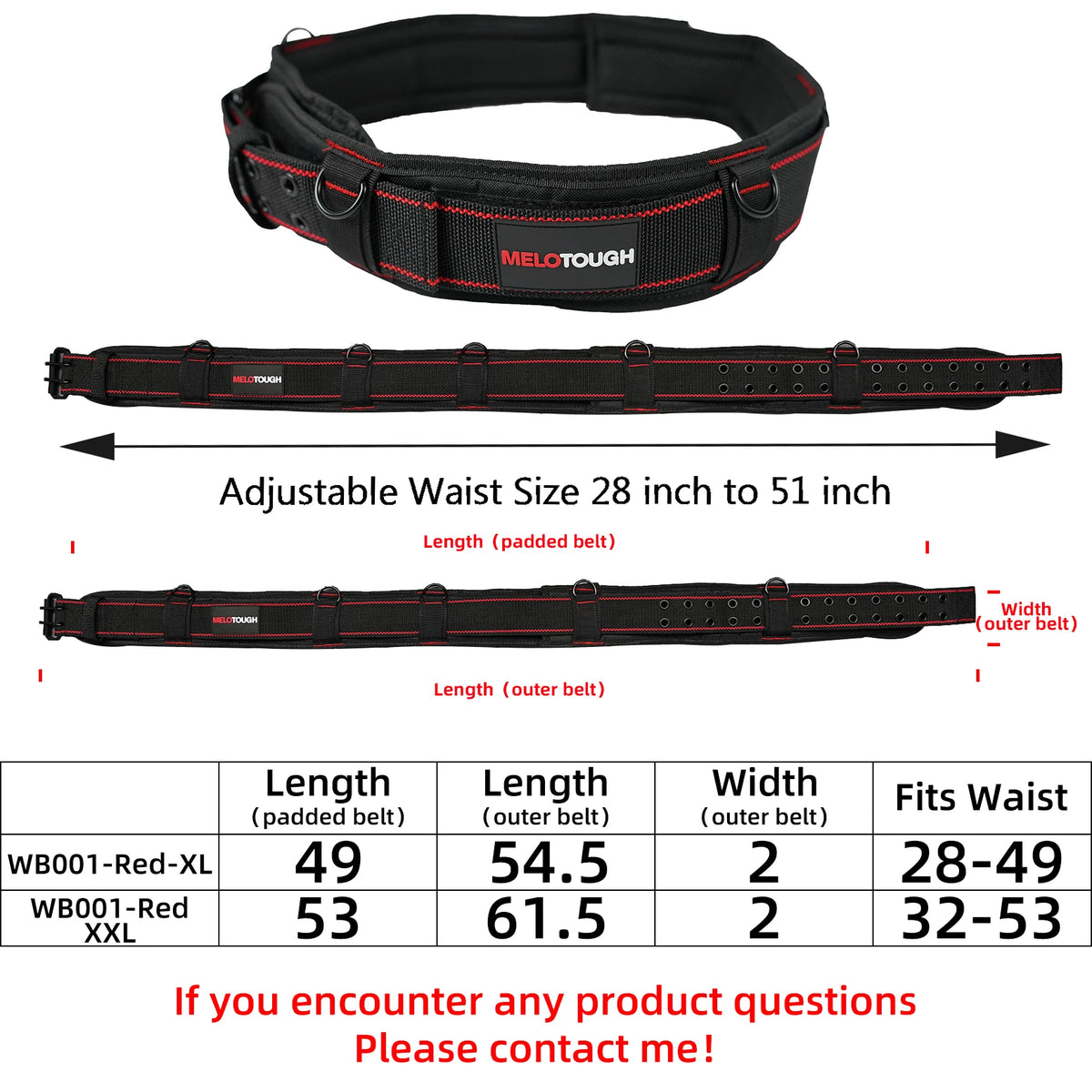 Black MELOTOUGH adjustable tool belt with padded belt and D-rings shown in various lengths and widths