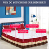 A red and brown elastic bed skirt is shown on a bed, highlighting its multi-layer design and durable fabric.