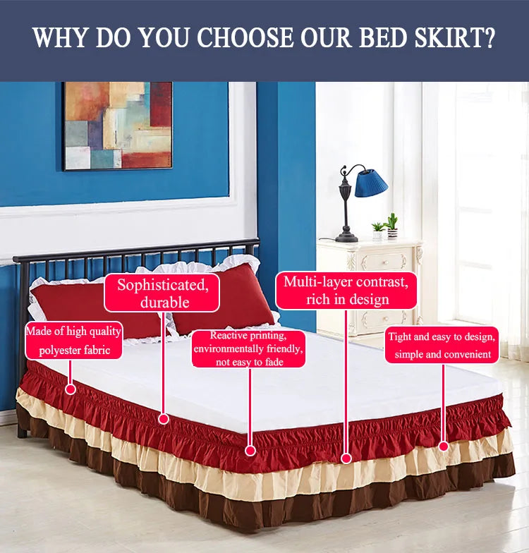 A red and brown elastic bed skirt is shown on a bed, highlighting its multi-layer design and durable fabric.