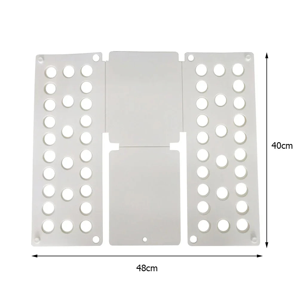 A white portable clothes folding board with multiple circular holes for hanging laundry.