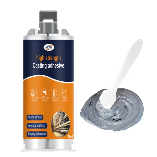 Bouteille d'adhésif de moulage haute résistance avec une spatule appliquant le matériau époxy gris.