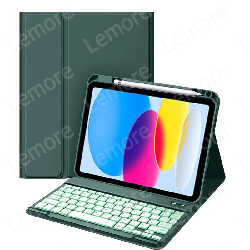A green iPad keyboard case with a visible screen and a separate pencil holder is shown.
