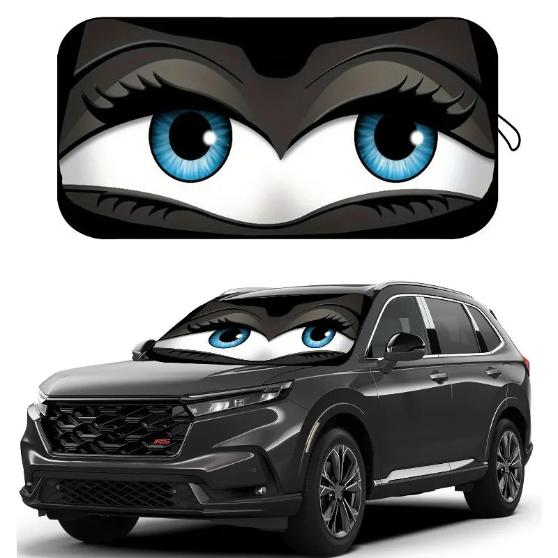 A black SUV features a cartoon design of a cat face with blue eyes on the front.