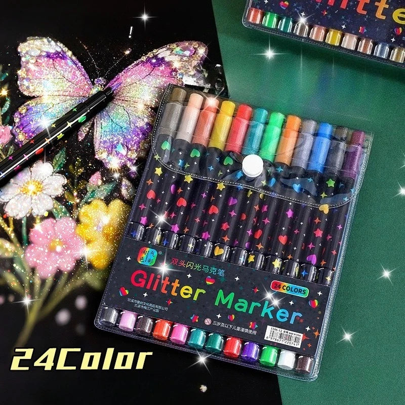 A set of 24-color dual-ended glitter markers in a plastic case is displayed next to a butterfly and flowers.