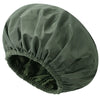 A dark olive green satin-lined waterproof shower cap for hair protection.