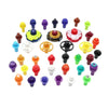 A set of five colored replacement drivers for a battling top, including various plastic and metal components.