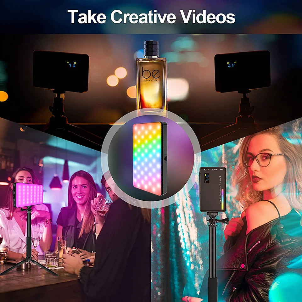 A portable RGB LED video light panel is shown being used in a video production setting.
