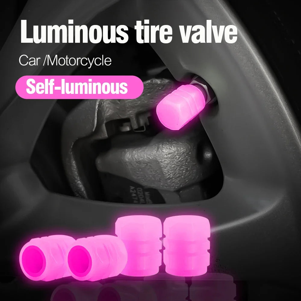 Close-up of a luminous tire valve cap with a self-luminous pink glow inside a vehicle component.