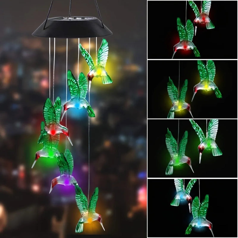 Solar-Powered Hummingbird Wind Chimes with Color-Changing LED