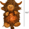 A brown Highland cow plush toy with breathing motion light and music features horns and soft fur.