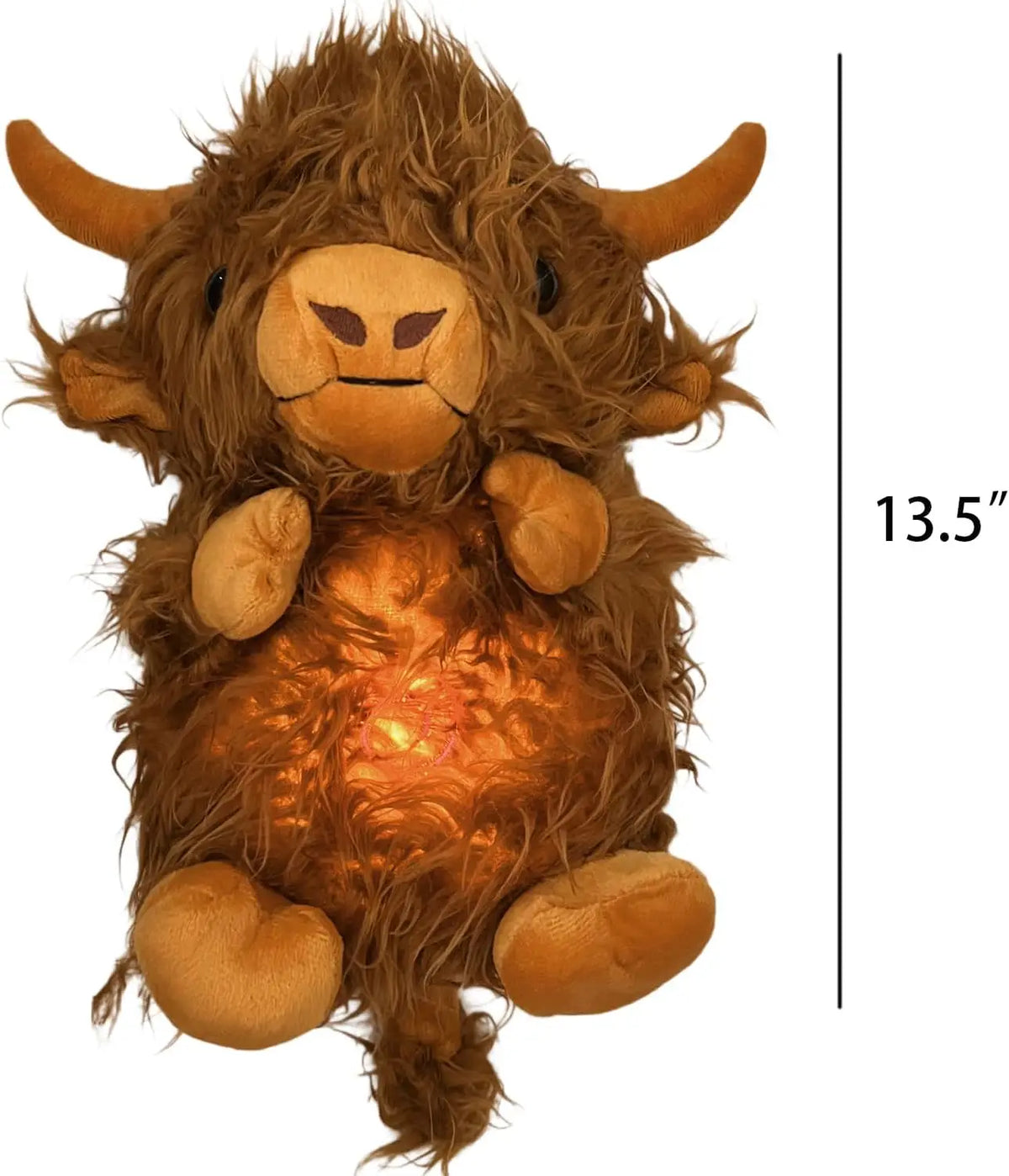A brown Highland cow plush toy with breathing motion light and music features horns and soft fur.