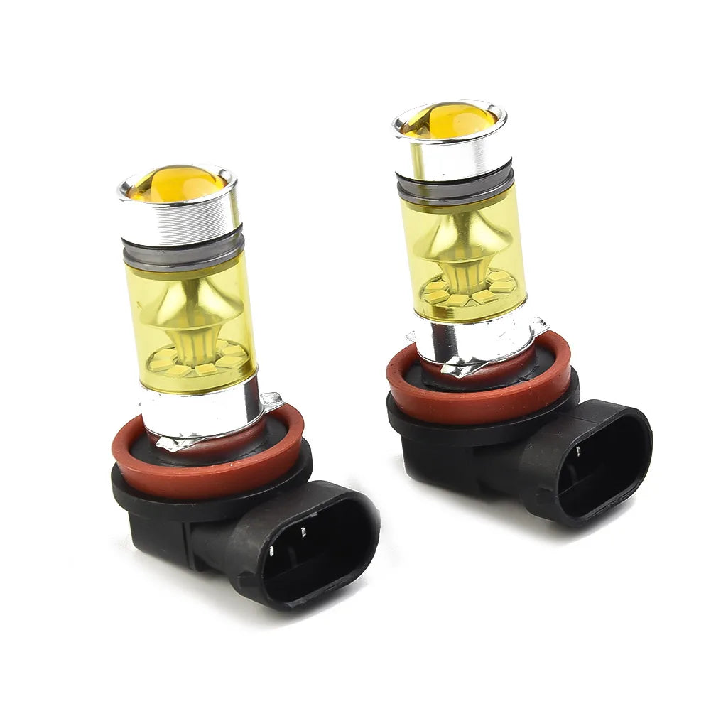 A pair of H11/H8 LED fog light bulbs with yellow light and silver housing.