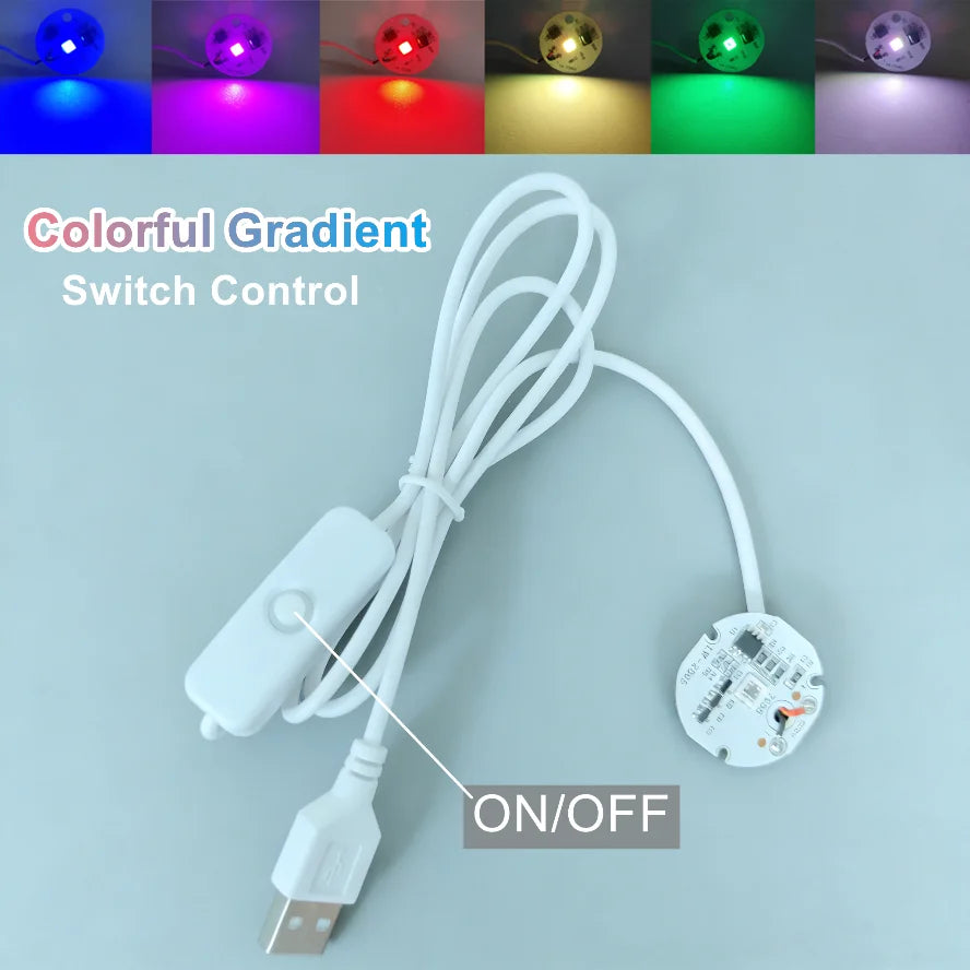 A white USB LED light board with a cable and an ON/OFF remote control is shown alongside various colored light displays.
