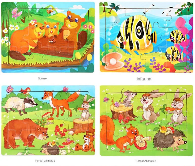 A collection of two jigsaw puzzles featuring forest animals, including squirrels and bears.
