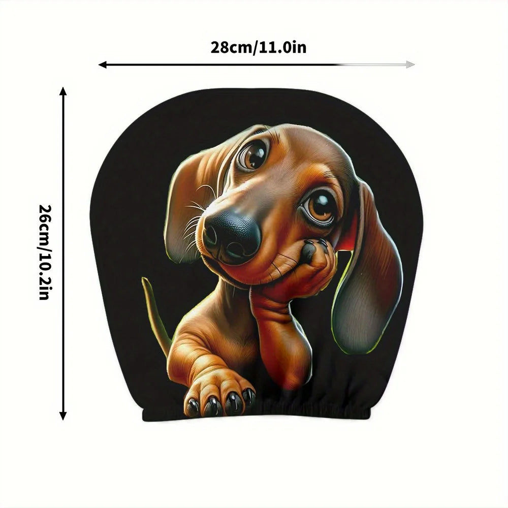 A close-up illustration of a brown dachshund puppy head, likely used as a car headrest cover.