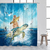 Cat Riding Dinosaur Shower Curtain with Ocean Wave Design