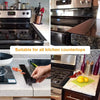 A silicone stove counter gap cover is shown in various contexts, including on a stovetop and kitchen countertops.
