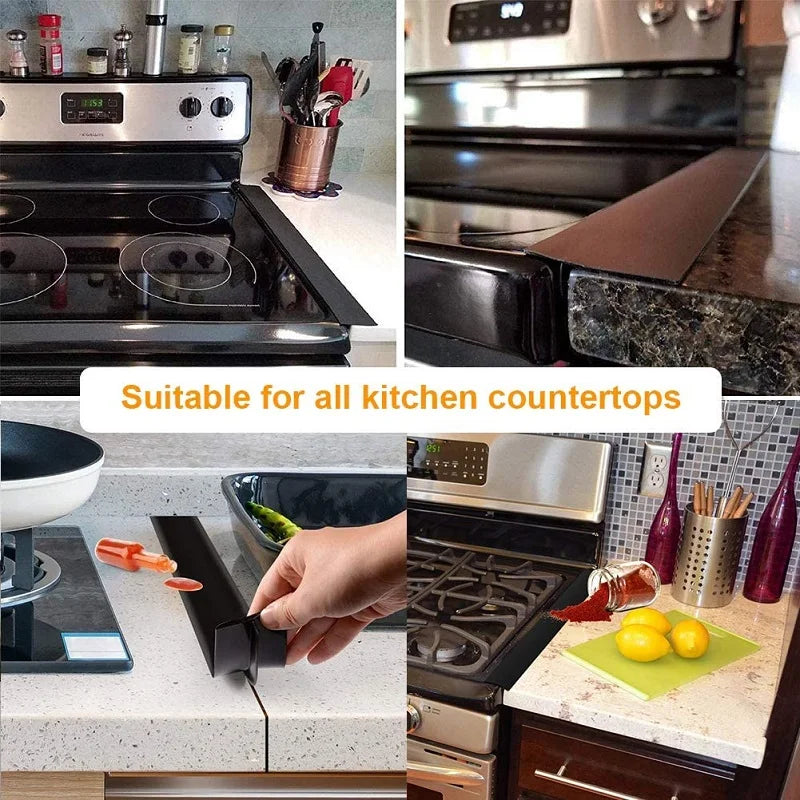 A silicone stove counter gap cover is shown in various contexts, including on a stovetop and kitchen countertops.