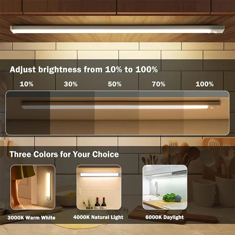 Three color options of ultra-thin rechargeable motion sensor LED cabinet light showing brightness levels from 10% to 100%