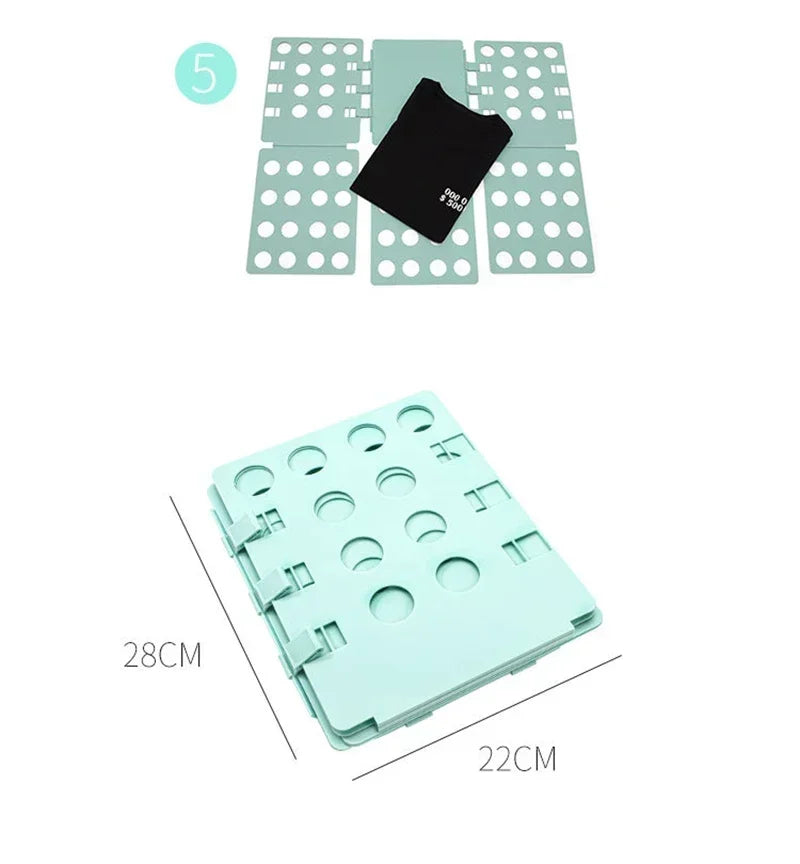 A set of light green plastic folding boards and a black organizer for folding clothes.